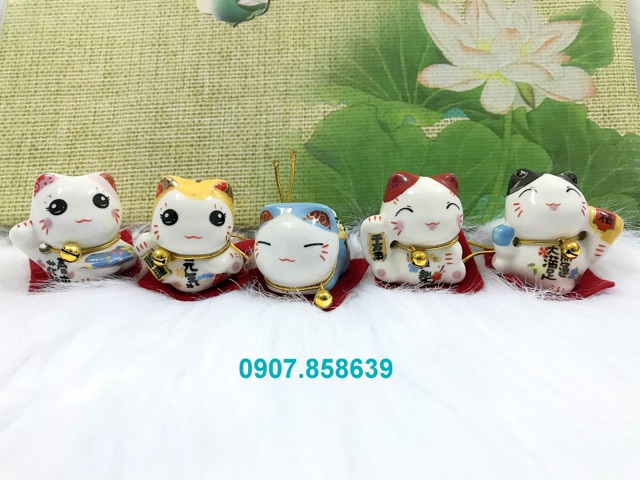 Full Set Bộ 5 Tượng Mèo Sứ Maneki Neko Thần Tài (Mèo Nằm)