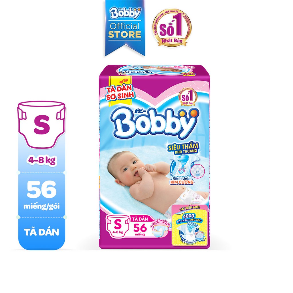 Tã Dán Bobby Siêu Thấm Khô Thoáng XS72 S56 M48 L42 XL38 XXL34