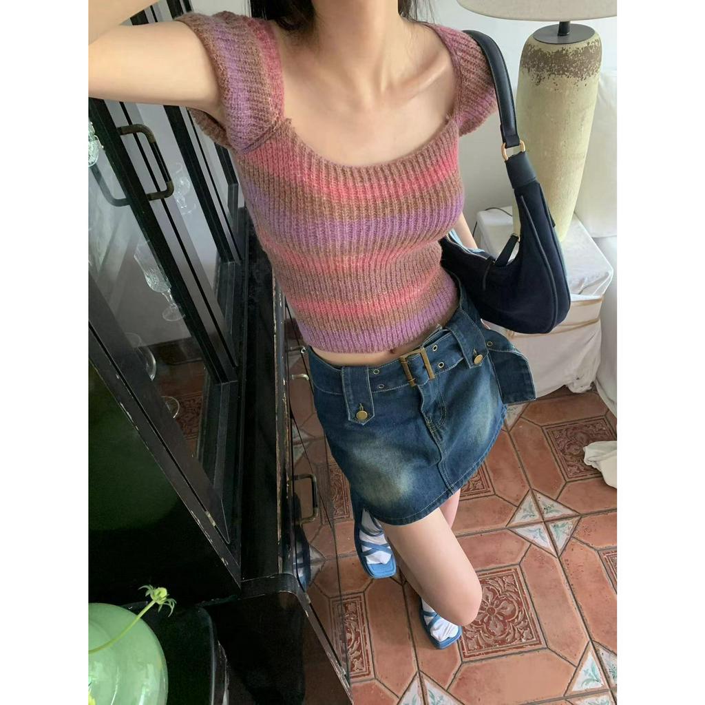 qkoole Mới Áo Thun Dệt Kim Ngắn Tay Hở Lưng Họa Tiết Kẻ Sọc Cho Nữ