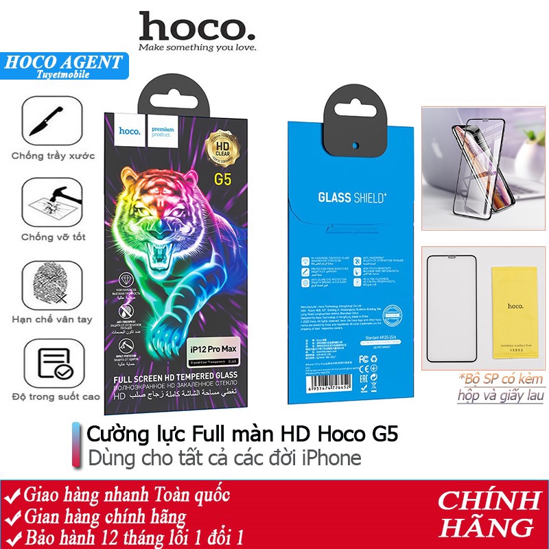 Kính cường lực Hoco G5 full màn hình HD miếng dán dùng cho các đời iPhone - Chính hãng