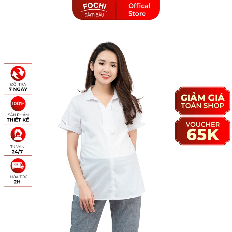 Áo sơ mi bầu công sở mùa hè đẹp chất đũi chun Thái Fochi AA052