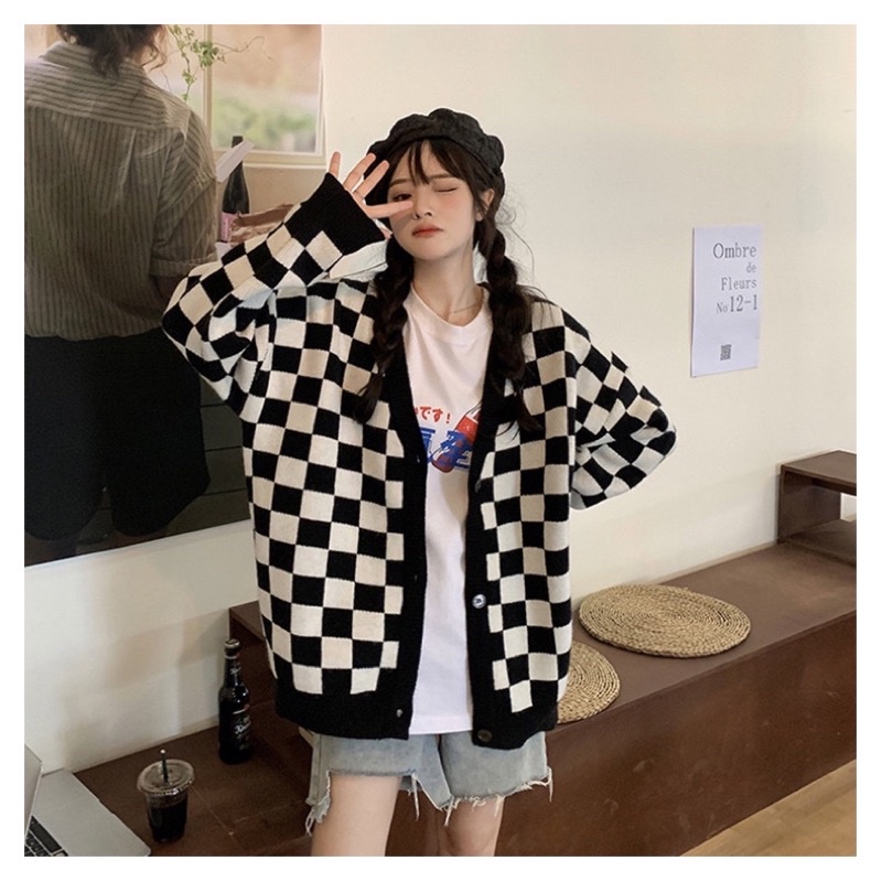 ÁO LEN CARDIGAN SỌC CARO PHONG CÁCH HÀN QUỐC DÁNG RỘNG NAM NỮ ĐỀU MẶC ĐƯỢC