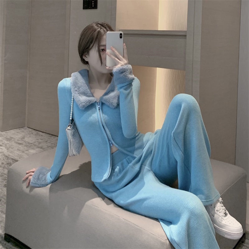Spring 2021 fashion suit new woolly collar zipper knitted cardigan + high waist casual pants two sets of women