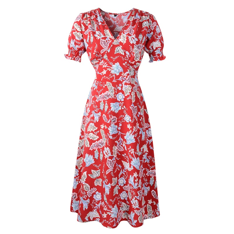 Đầm Midi Dáng Chữ A Tay Ngắn Phồng Cổ Chữ V In Họa Tiết Hoa Phong Cách Boho Thời Trang Cho Nữ