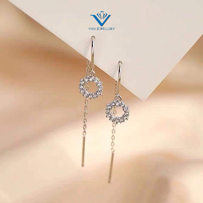 Khuyên tai bạc Van Jewelry V10737 Khuyên nguyệt quế nạm đá thả tua dài
