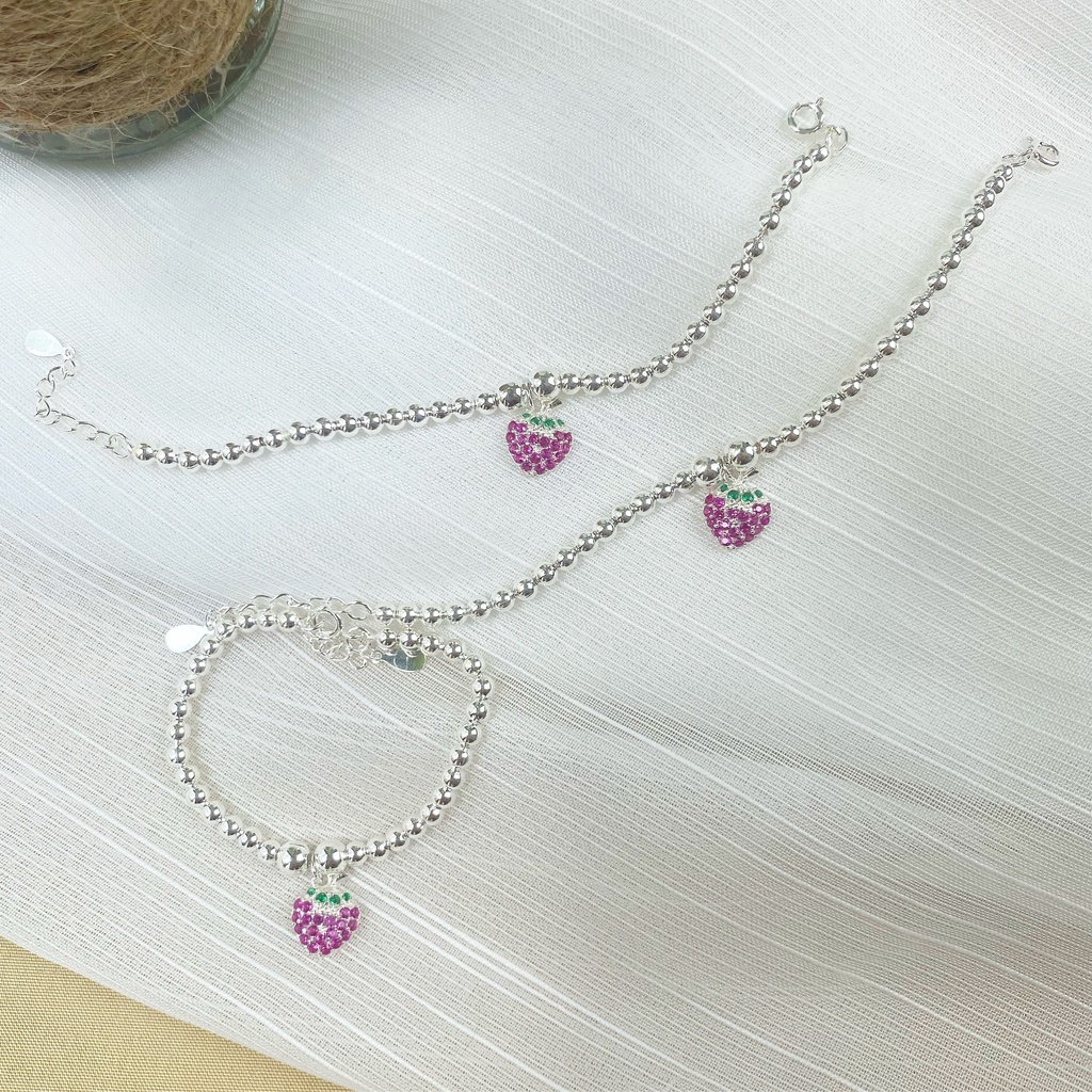 Lắc tay cho bé bi bạc 999 treo dâu tây, kitty đáng yêu Dế Bạc