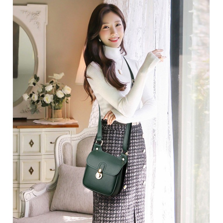 Túi đeo chéo nữ hàng da sần mềm hottrend phong cách Hàn Quốc khoen tròn nút bấm hàng Quảng Châu
