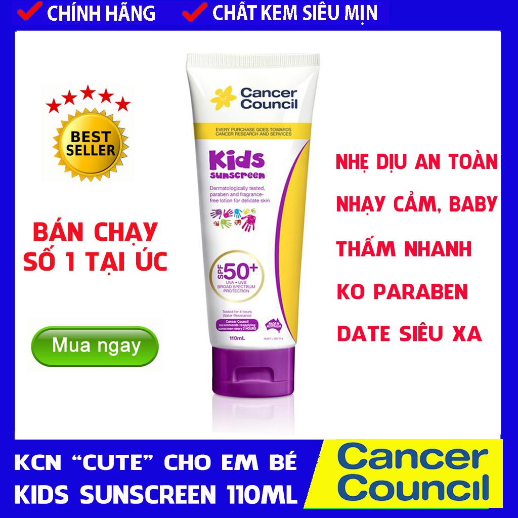 [CHÍNH HÃNG] Kem chống nắng Cute cho em bé Cancer Council Kids Suncreen SPF50/PA++++ 110ml