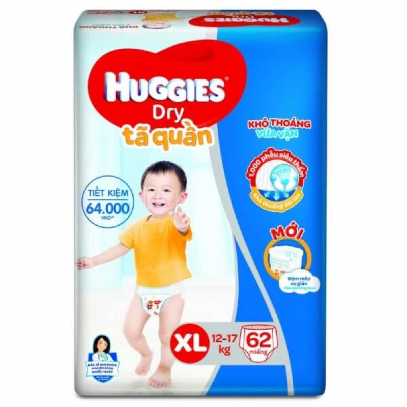 TÃ QUẦN HUGGIES DRY SIZE XL 62 MIẾNG/ BỈM QUẦN HUGGIES XL62