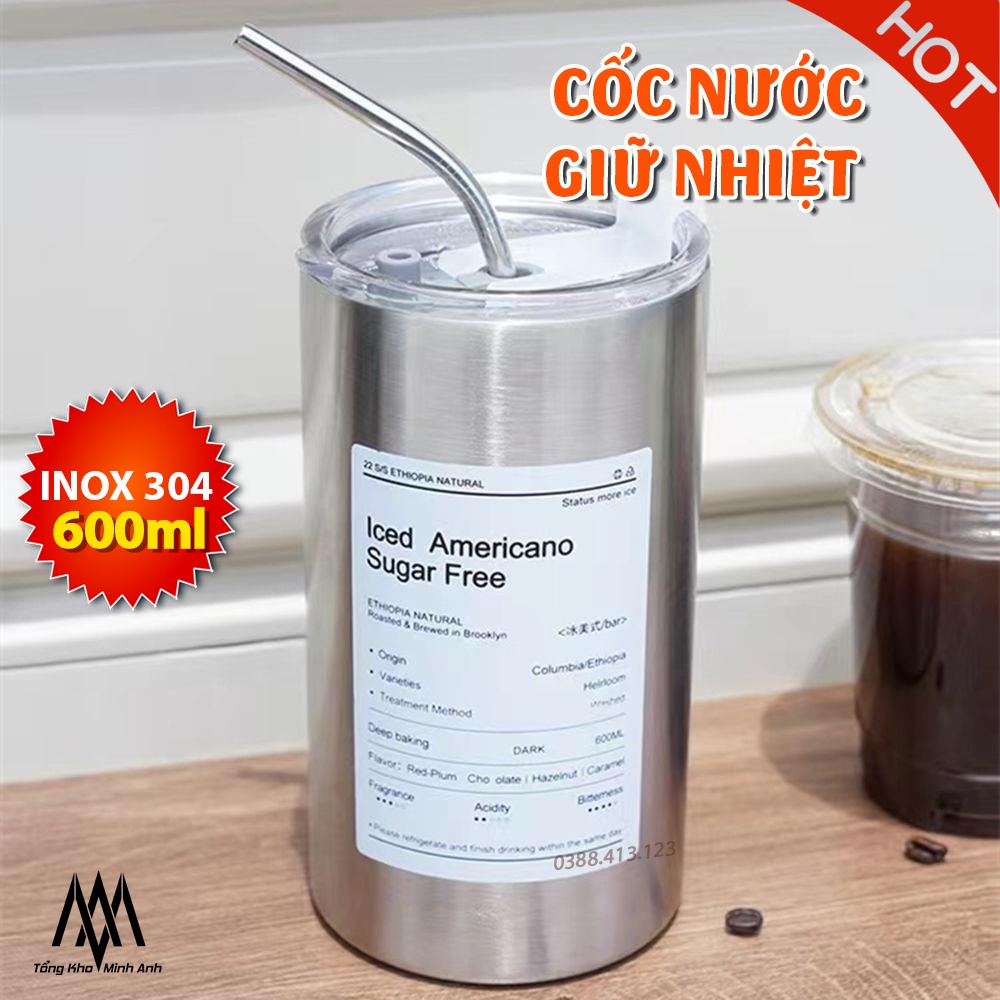 Cốc nước giữ nhiệt - Bình nước giữ nhiệt INOX 304 - Dung tích 600ml - Kèm ông hút - Giữ ấm 6-8 tiếng