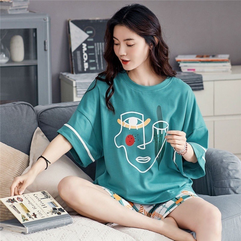 Bộ mặc nhà mùa hè hàng Quảng Châu cao cấp - phong cách, trẻ trung, cá tính - Bộ Ngủ Cotton Thấm Hút Mồ Hôi