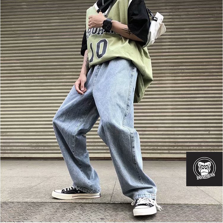 Quần jean ống suông rất rộng nam nữ lưng chun màu xanh 2021 | BigBuy360 - bigbuy360.vn