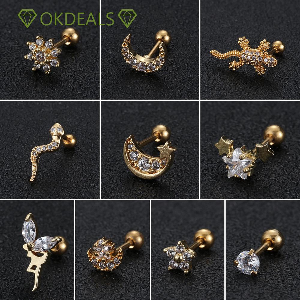 1 Khuyên Xỏ Vành Tai Bằng Thép Không Gỉ Hình Rắn/ Thằn Lằn/ Mặt Trăng/ Ngôi Sao/ Hoa