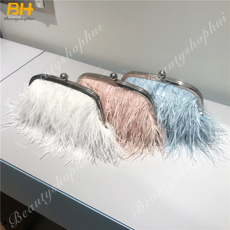 Túi Đeo Chéo Lông Đà Điểu Đính Ngọc Trai Thời Trang Cho Nữ