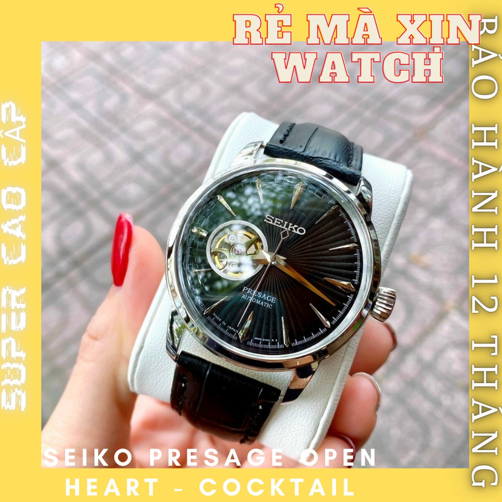 Đồng hồ nam seiko presage Open-Heart, Cocktail máy cơ dây da size 41mm