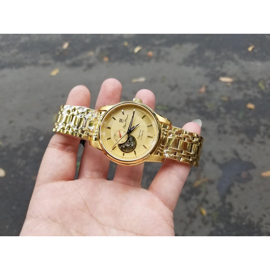 Đồng hồ nam dây kim loại mặt kính chống xước Automatic Olym Pianus OP990-163 OP990-163AMK vàng