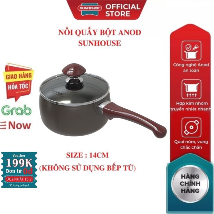 Nồi quấy bột Anod SUNHOUSE SH99-14M1-2022 14CM chống dính màu đồng vung kính Mới 100% Chính Hãng Bảo Hành Toàn Quốc