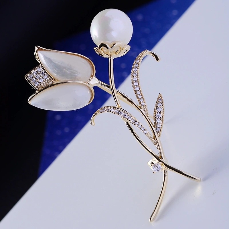 Ghim Cài Áo Hình Hoa Tulip Đính Đá Và Ngọc Trai Nhân Tạo Sang Trọng
