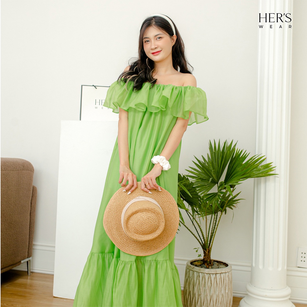 HER's Wear-Đầm maxi trễ vai dáng suông dài đuôi cá màu xanh lá siêu xinh, siêu sanh chảnh thích hợp đi biển, đi du lịch