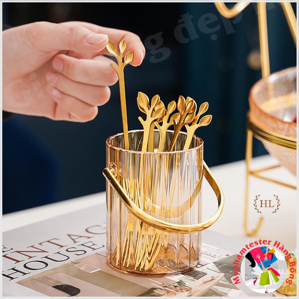 Set Lẵng Thủy Tinh Kèm Nĩa + Bát Thủy Tinh Đựng Hoa Quả Kèm Kệ Inox Vàng Màu Hổ Phách - Khói Xám Phong Cách Vintage 2022