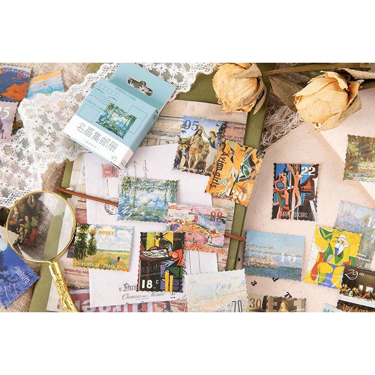 Bộ 45 Sticker Hàn Quốc Thư Tem tranh nghệ thuật dễ thương dán trang trí E96