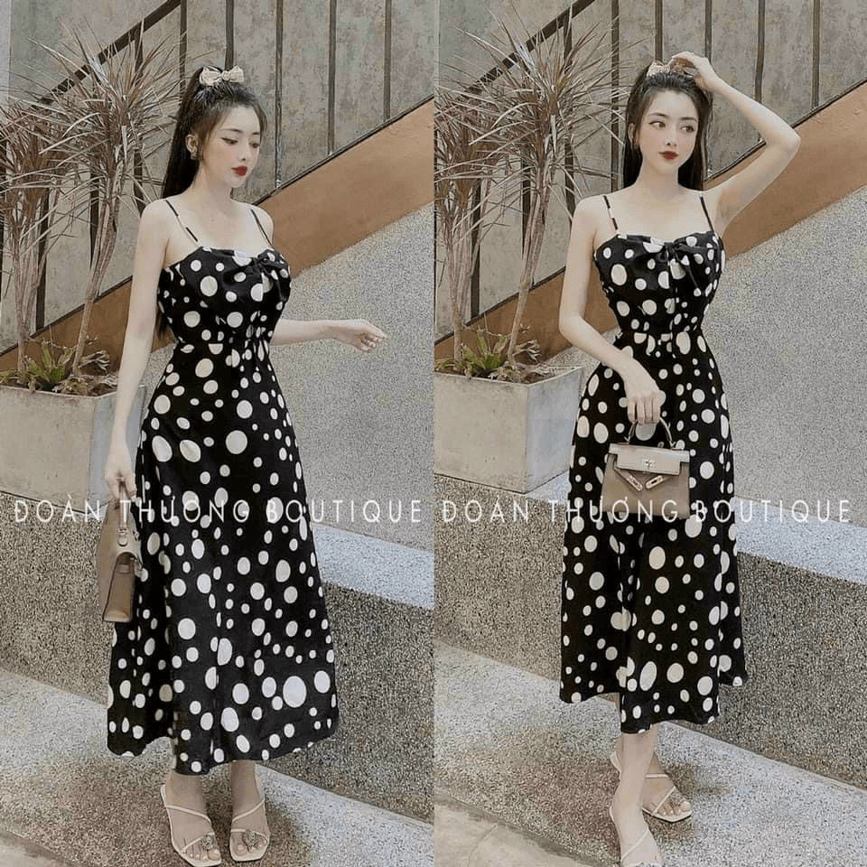 ĐẦM MAXI 2 DÂY CHẤM BI CHẤT LỤA MÁT SIÊU TÔN DÁNG SÁNG DA VLTN SHOP