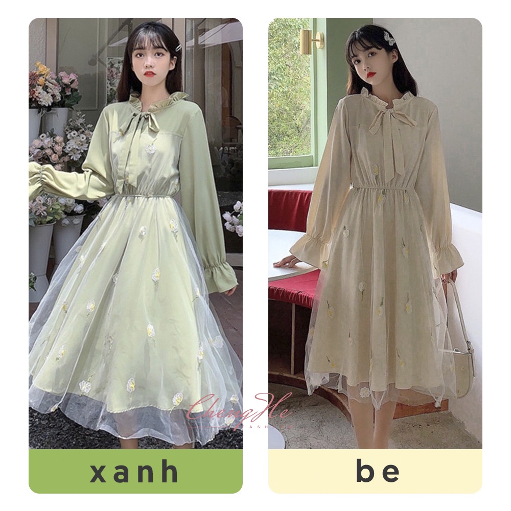 Váy công chúa tiểu thư cổ bèo ulzzang dáng dài xòe màu xanh lá phong cách retro vintage dự tiệc mã V00345