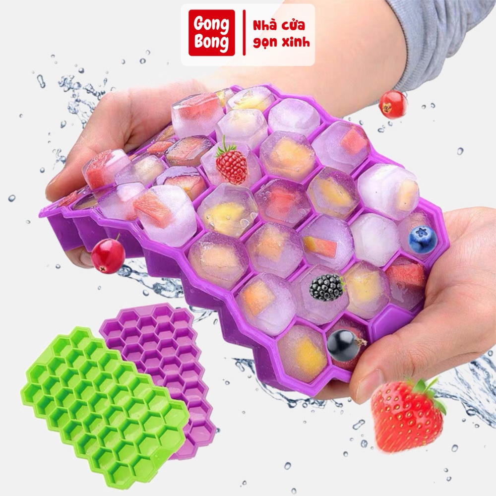 Khay làm đá silicone có nắp đậy 37 ô hình tổ ong chắc chắn dẻo dai dễ dàng tách khuôn