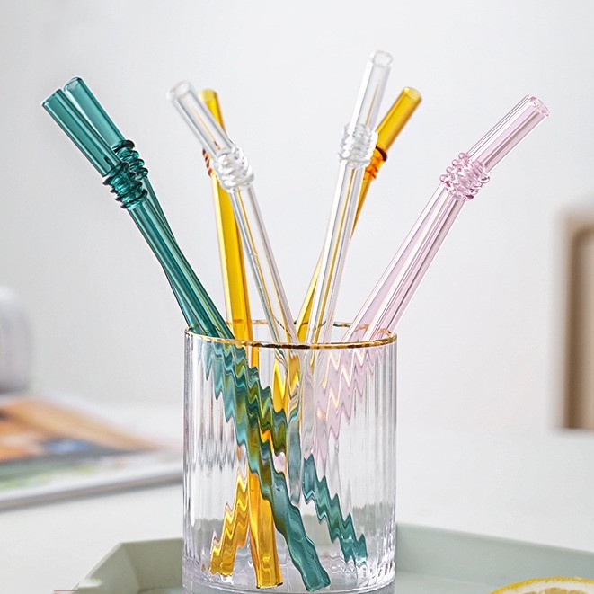 Ống Hút Miệng Phẳng Uống Sữa/Nước Ép Dạng Cong Chất Liệu Nhiều Borosilicate Nghệ Thuật Sáng Tạo