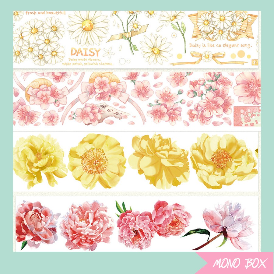 [Chiết] Đoạn Washi tape 4x35cm, băng keo dán trang trí họa tiết hoa cúc làm tranh washi Mono_box