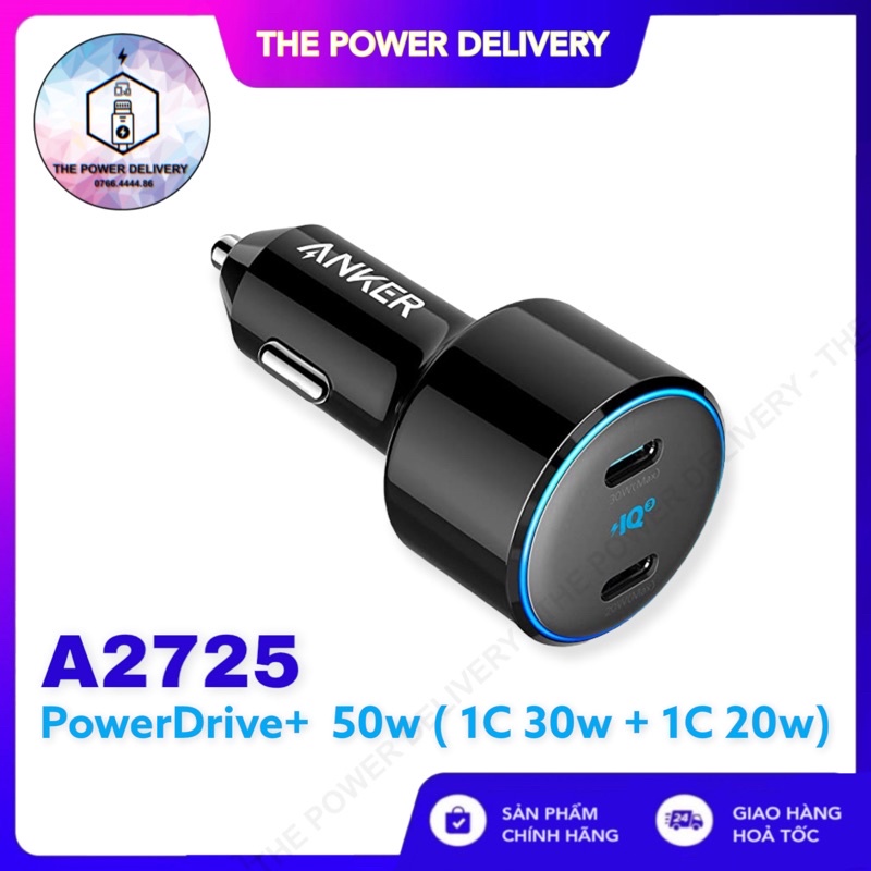 Tẩu sạc nhanh ANKER cổng USB C A2725, 50W 2-cổng (30w + 20w) PIQ 3.0 , PowerDrive+ III Duo - Bản mới nhất