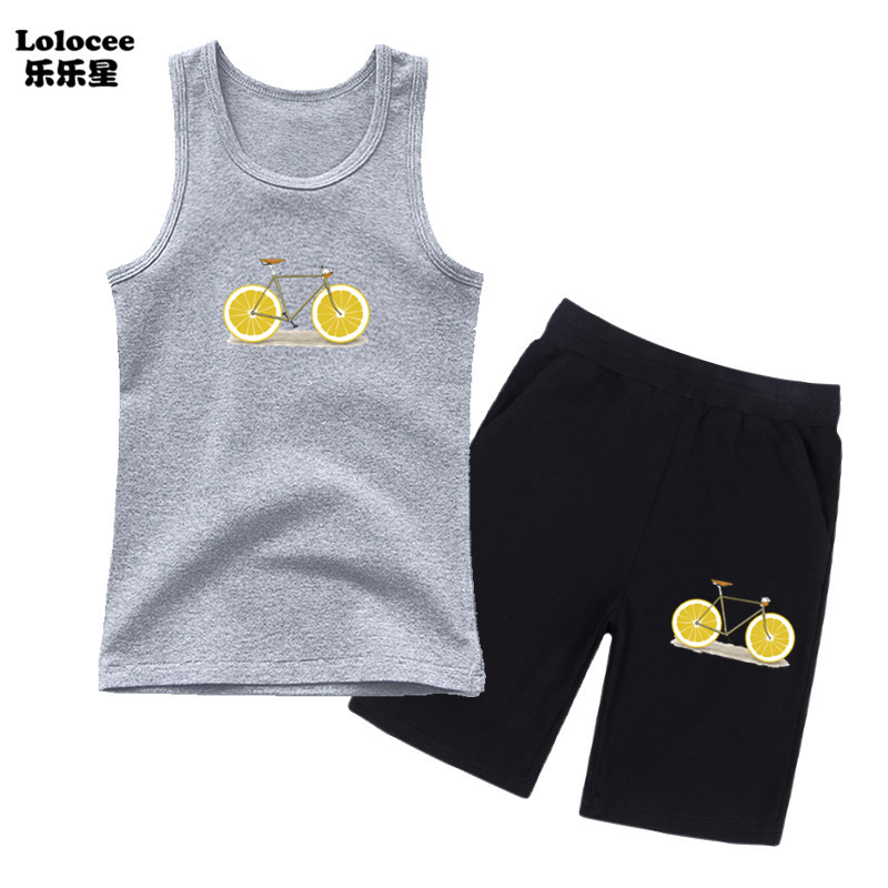 Trang phục dành cho bé trai Dễ thương Fruit Lemon Bike Tank Top và Quần đùi thun co giãn Bộ 2 chiếc Bộ trang phục Top Tank mùa hè