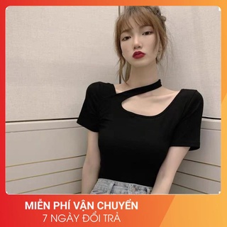 Áo croptop dây chéo cổ thun cộc tay nữ