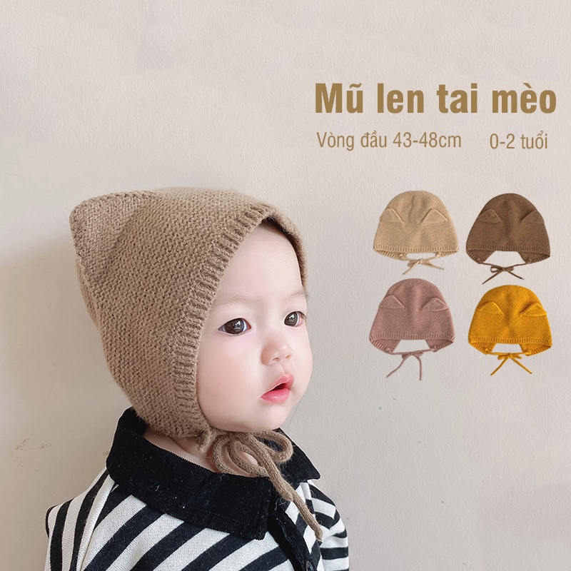 Mũ len tai mèo cho bé có dây buộc giữ ấm cho bé 3 -24 tháng