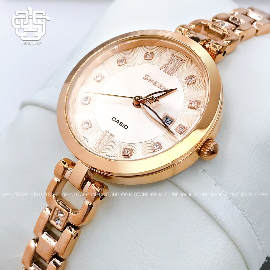 Đồng hồ nữ Casio Sheen SHE-4055 / SHE-4055PG-4A dây thép không gỉ, chống nước 50m, size 30mm, hàng chính hãng