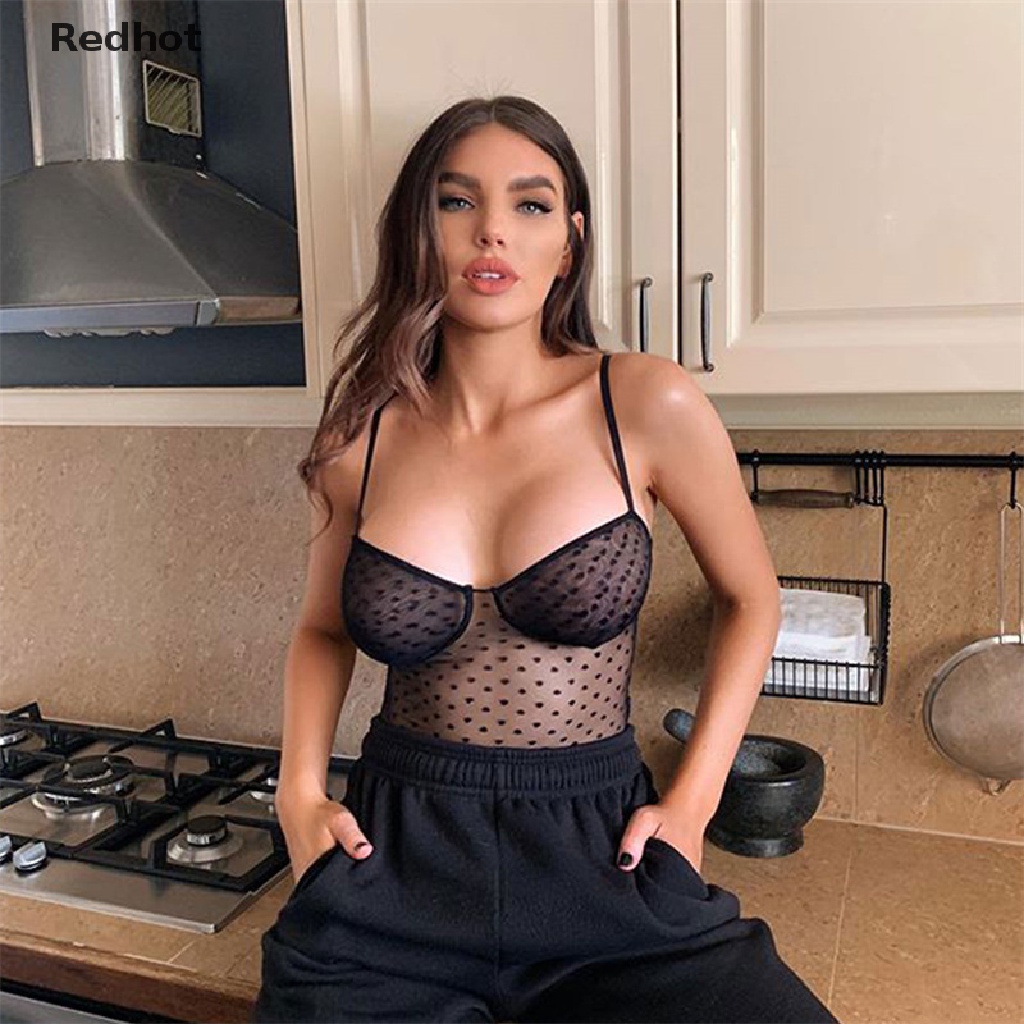 &lt; Redhot &gt; Bộ Đồ Ngủ Lưới Trong Suốt Họa Tiết Chấm Bi Gợi Cảm Nóng Bỏng