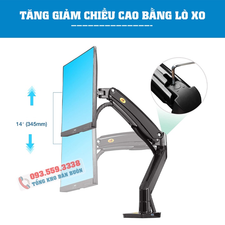 NB F195A / Giá Treo 2 Màn Hình Hỗ Trợ Màn 22 -32 Inch / Tải Trọng 12Kg 1 Tay - Lắp Đặt Kẹp Bàn &amp; Vít Xuyên Bàn