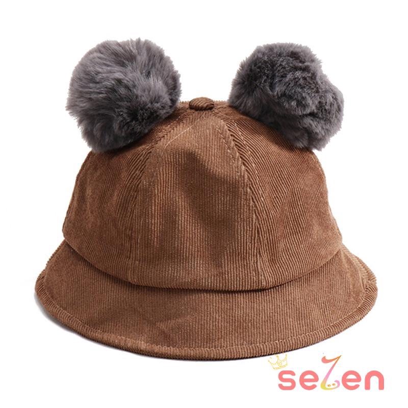 Nón vành tròn vải nhung sọc kẻ màu trơn đính quả bông xinh xắn cho bé