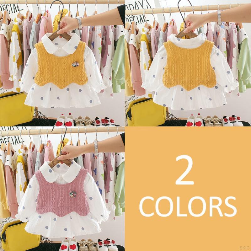 (3C) Đầm Công Chúa Dài Tay Chấm Bi+Áo Len Cho Bé Gái