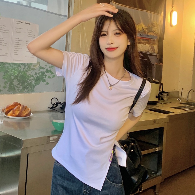 Áo Thun Tay Ngắn Cổ Tròn Xẻ Tà Thời Trang Dành Cho Nữ