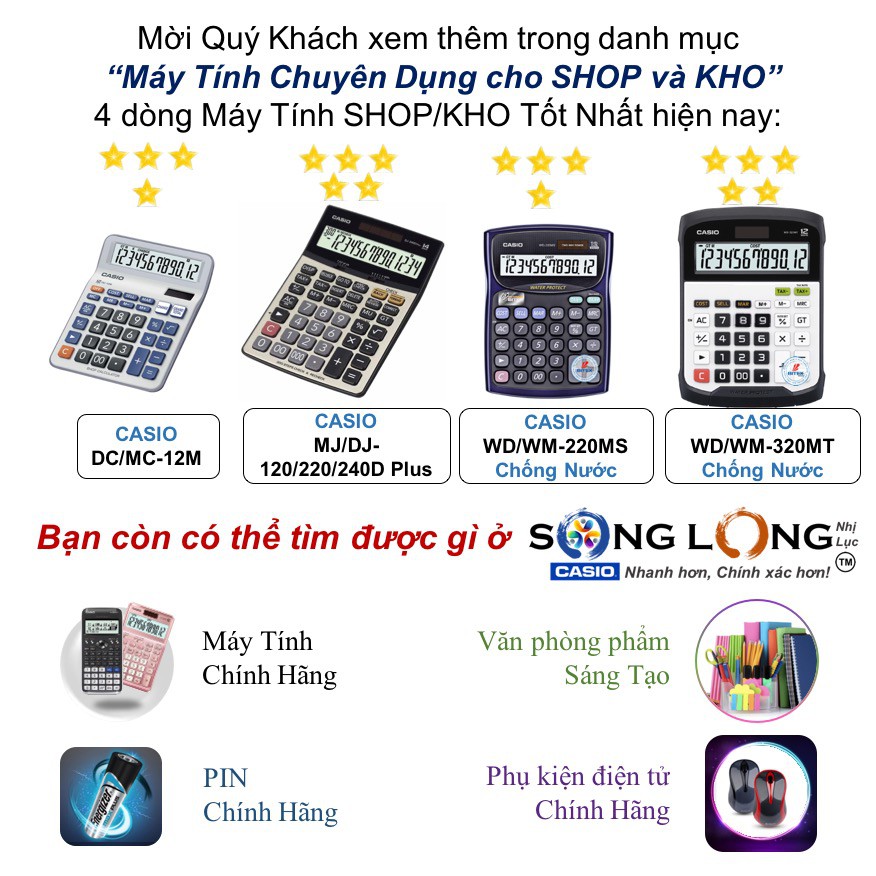 Máy tính CASIO CHỐNG NƯỚC WM-220MS &amp; WD-220MS - 5 Năm Bảo Hành - Máy Tính Cầm Tay Chính Hãng Bitex Nhập Khẩu Philippines