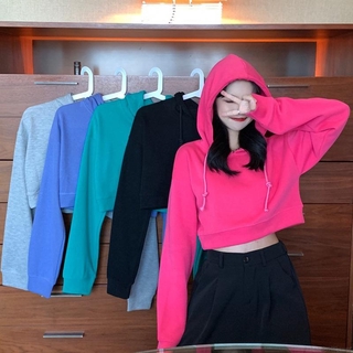 Áo Hoodie tay dài dáng ngắn màu trơn thời trang cho nữ