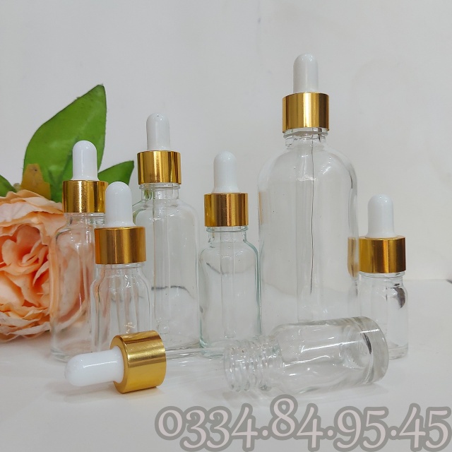 Chai thủy tinh thân TRONG nắp bóp VÀNG 5ml 10ml 15ml 20ml 30ml 50ml 100ml - Lọ đựng serum, chiết tinh dầu, mỹ phẩm.