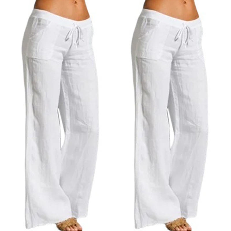 Xiangbao Quần ống rộng Vải Cotton Lanh Lưng Thun Rút Dây Màu Trơn Mùa Hè Vintage Thường Ngày Cho Nữ Palaz