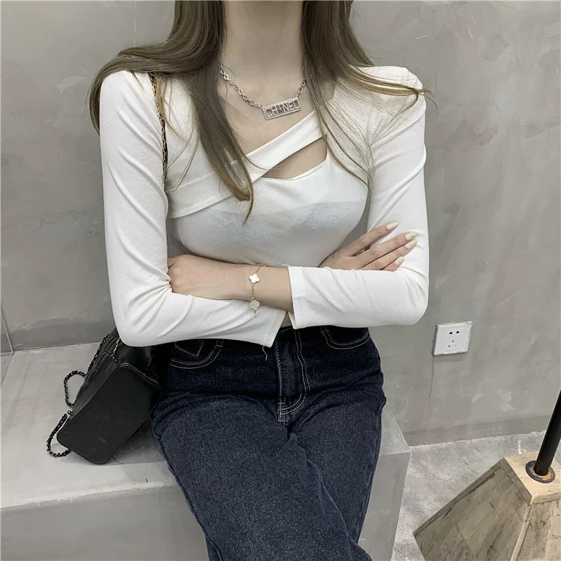 MS6829 Áo thun nữ dài tay vạt chéo cá tính