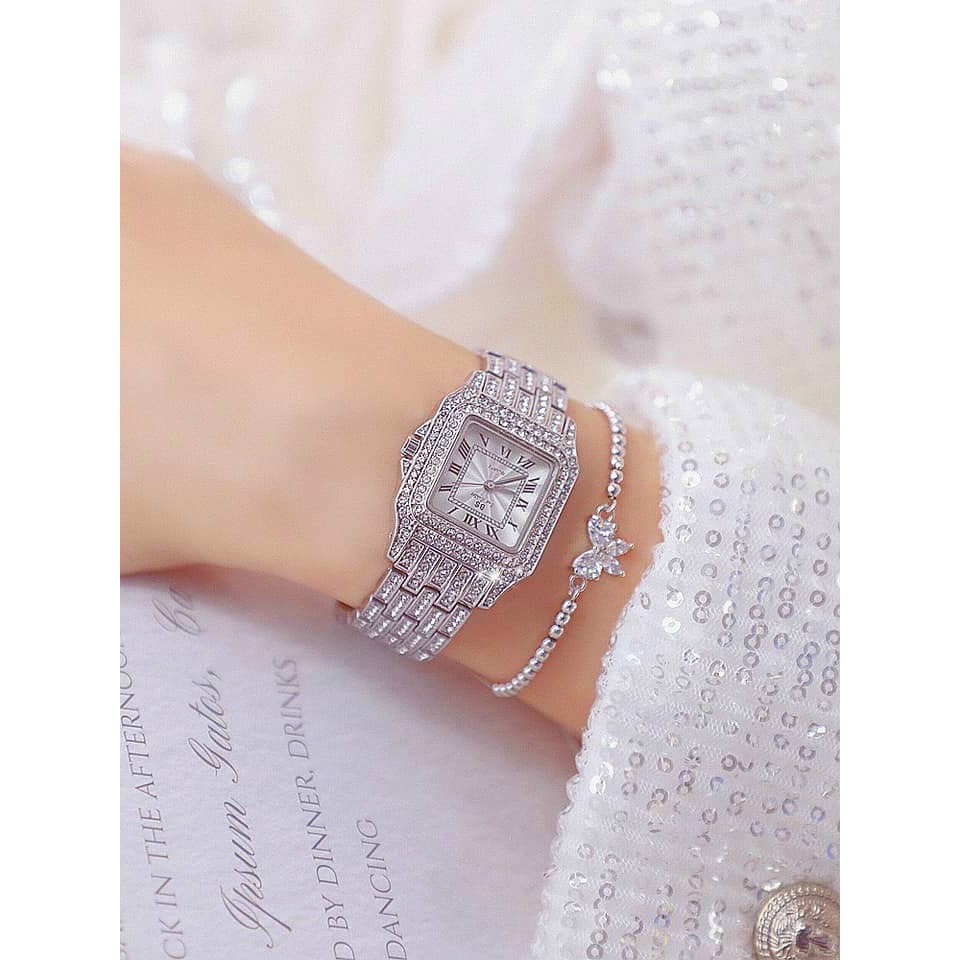 Đồng hồ nữ mặt vuông, đồng hồ nữ dây kim loại đính đá chính hãng BEE SISTER, thời trang cao cấp, giá rẻ