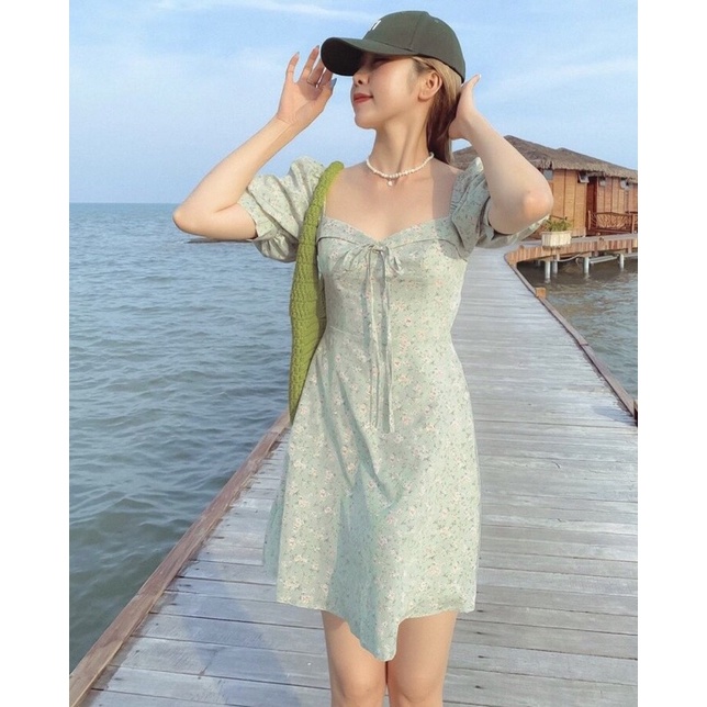 ĐẦM VÁY XANH HOA NHÍ CÓ MÚT ĐỆM 2 LỚP