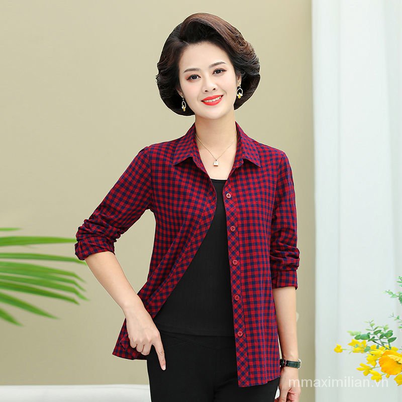 Áo Sơ Mi Cotton Tay Dài Dáng Rộng Kẻ Sọc Caro Thời Trang Mùa Thu Cho Nữ Trung Niên