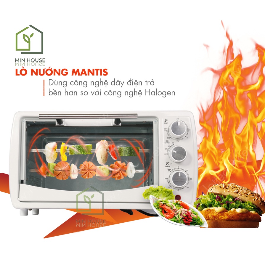 Lò Nướng Điện Đa Năng Đa Năng Mantis 12L Lò Bếp Nướng BBQ Làm Bánh, Làm Đồ Ăn Sáng - Có 1 Khay & 1 Vĩ Nướng - MIN HOUSE