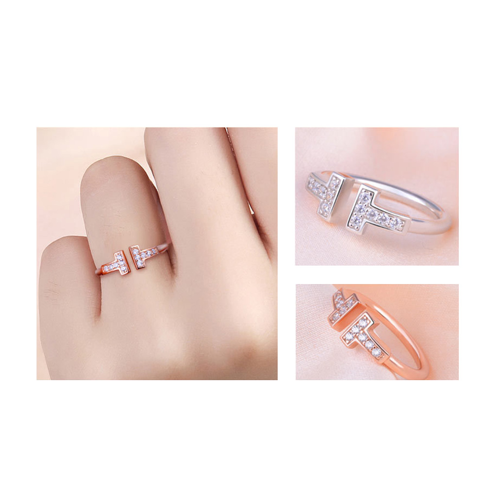 Nhẫn Hở Hình Chữ T Đính Đá Zircon Phong Cách Vintage